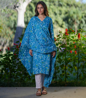 Blue Cotton Printed Kurta Set