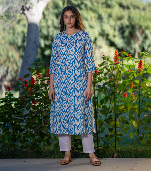 Blue Cotton Printed Kurta Set