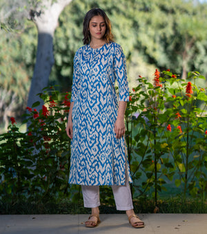 Blue Cotton Printed Kurta Set