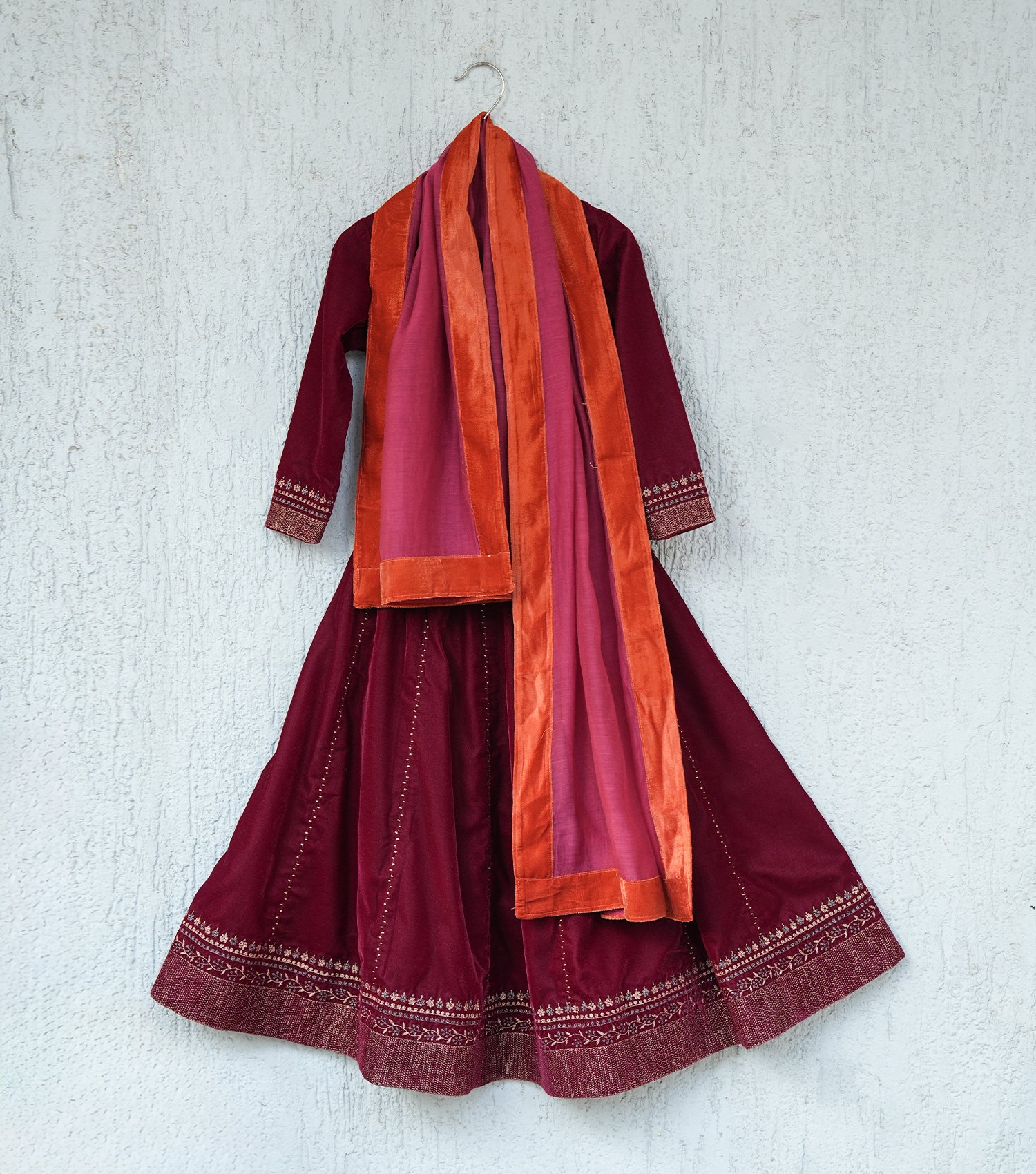 Maroon Zari Embroidered Lehenga Set with Blouse & Dupatta for Girls