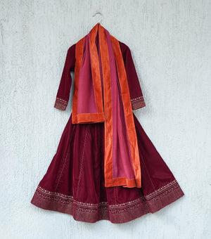 Maroon Zari Embroidered Lehenga Set with Blouse & Dupatta for Girls