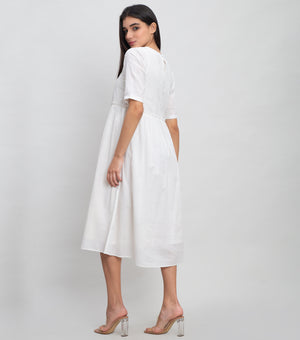 Natural Cotton Midi Dress With Double Needle Stitch On Yoke & Sleeve