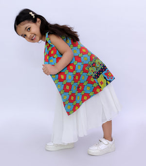 Green Orange Vintage Cotton Kantha Jacket For Kids