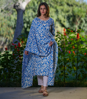 Blue Cotton Printed Kurta Set