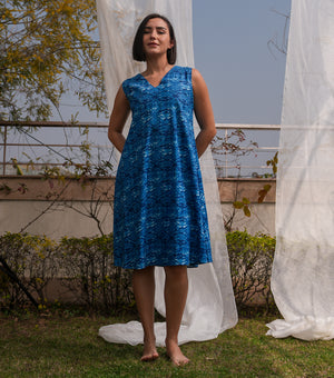 Blue Oversized Overlay Sheer Dress with Printed Slip