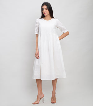 Natural Cotton Midi Dress With Double Needle Stitch On Yoke & Sleeve