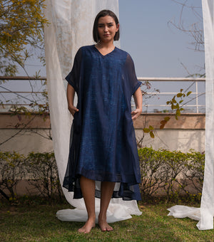 Blue Oversized Overlay Sheer Dress with Printed Slip
