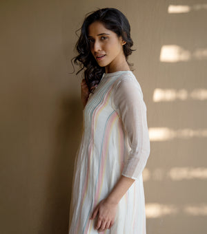 PINK STRIPED PINTUCK CHANDERI DRESS