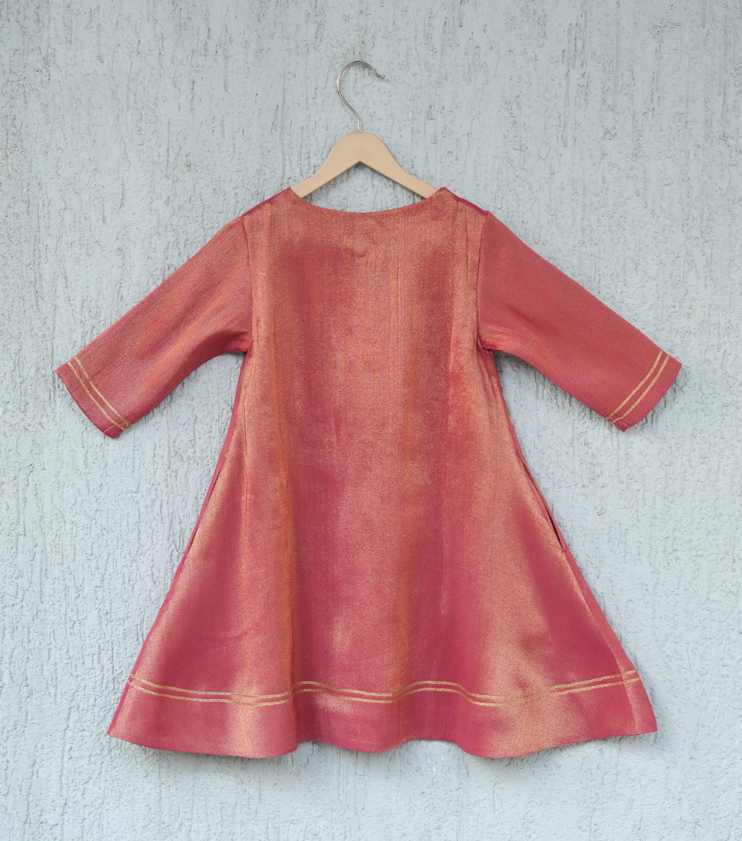 Coral Pleated Tissue A-line Gota Kurta Set with Pants & Dupatta for Girls