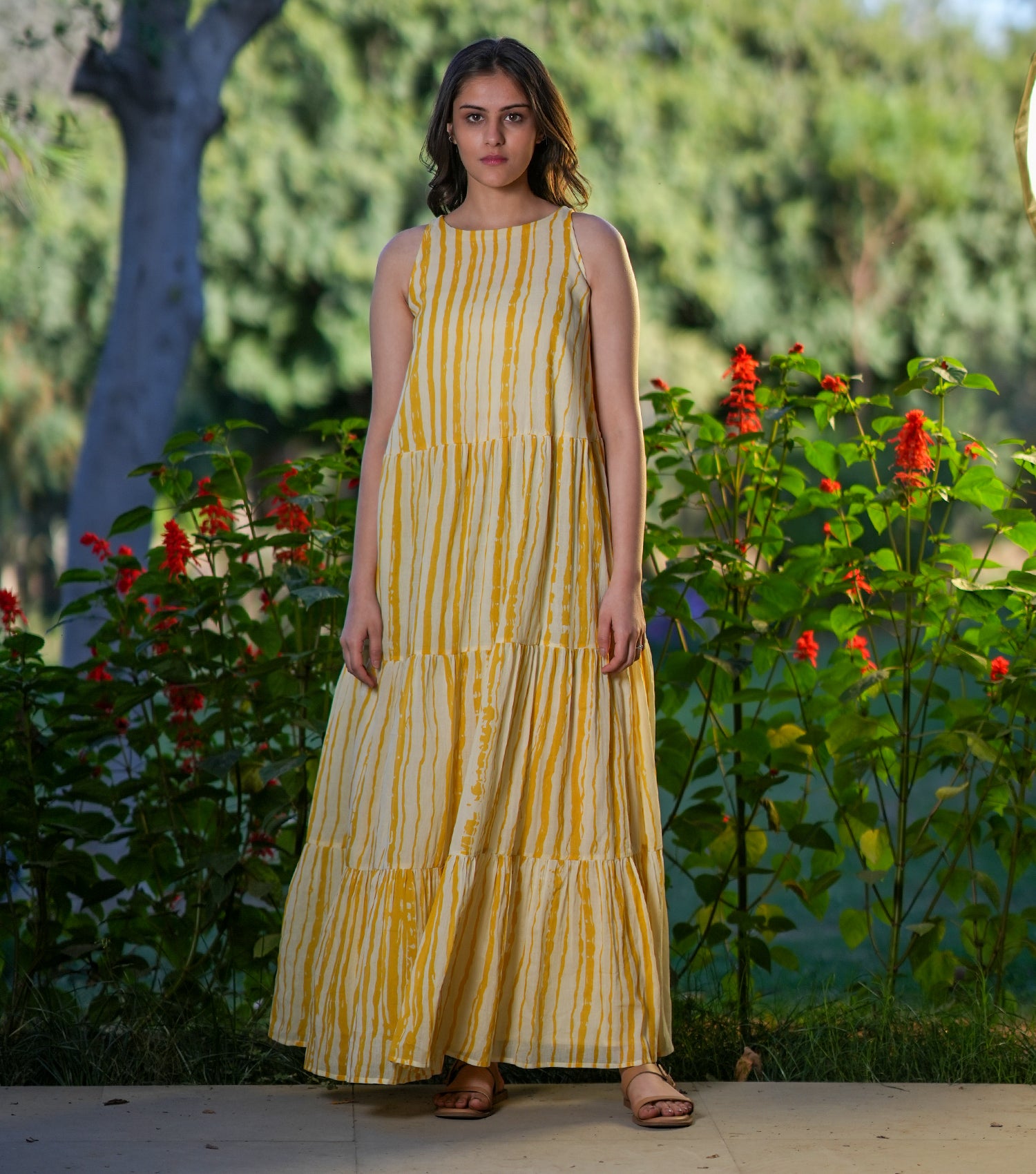 Yellow White Printed Cotton Dress