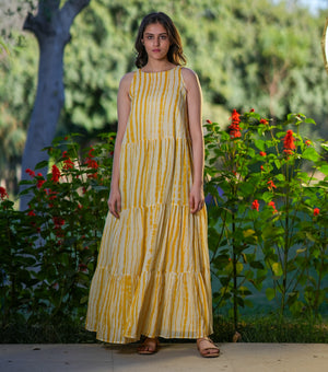 Yellow and White Printed Cotton Maxi Dress