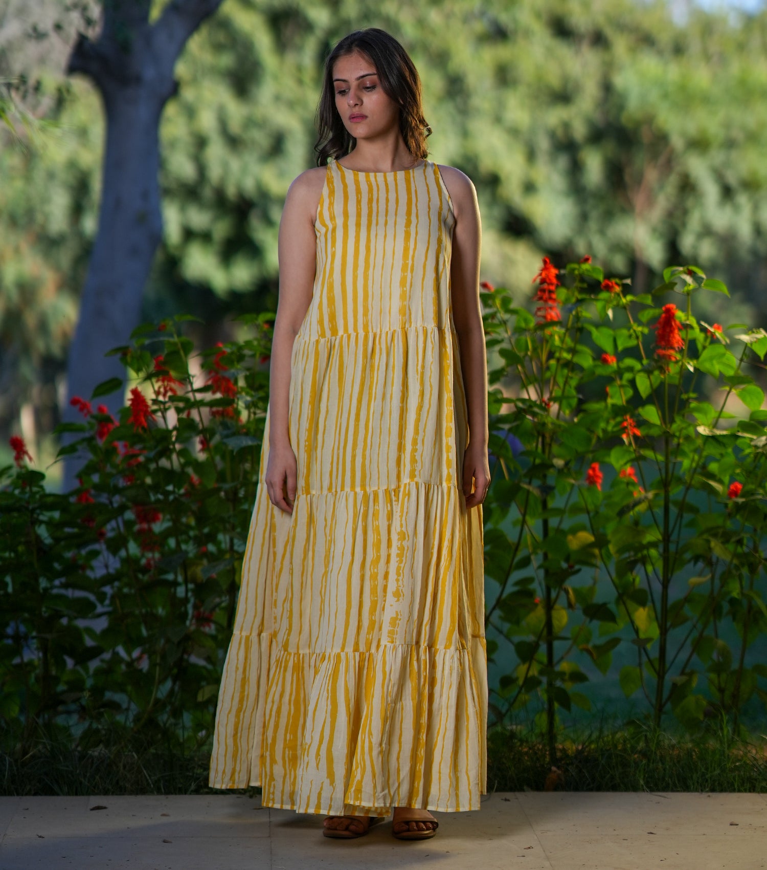 Yellow White Printed Cotton Dress
