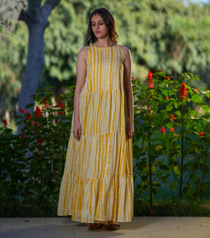 Yellow and White Printed Cotton Maxi Dress