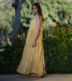 Yellow and White Printed Cotton Maxi Dress