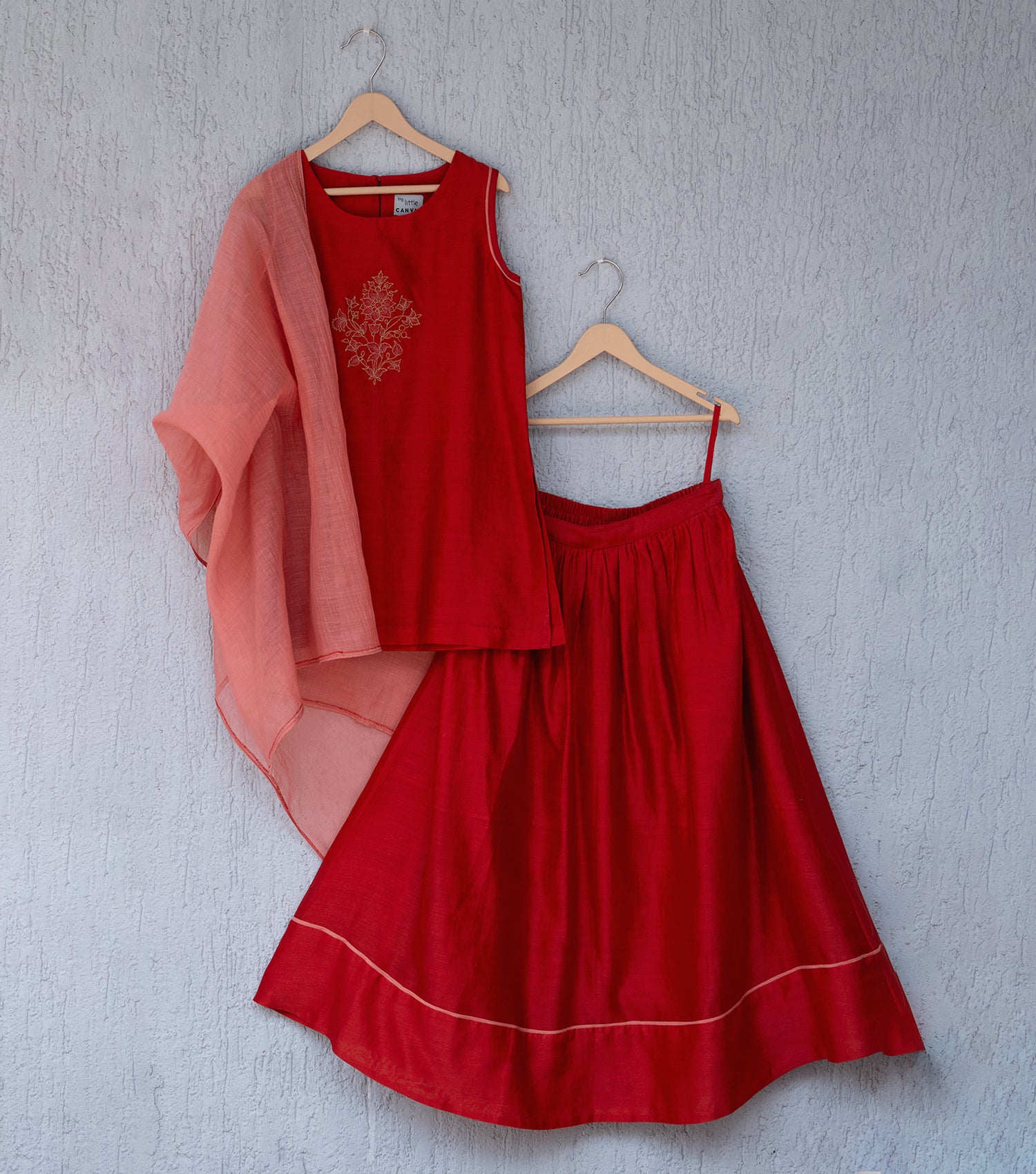 Red Chanderi Embroidered Kurta & Lehenga Set