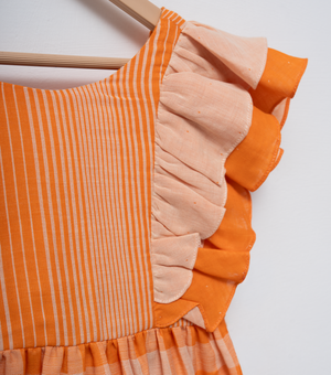 Orange Check Woven Cotton Dress For Girls
