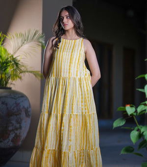 Yellow and White Printed Cotton Maxi Dress