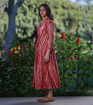 Rust Printed Cotton Pleated Shirt Dress