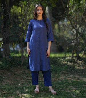 Navy Woven Cotton Kurta with Pants Set of 2