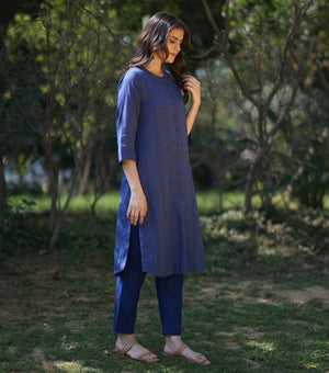 Navy Woven Cotton Kurta with Pants Set of 2