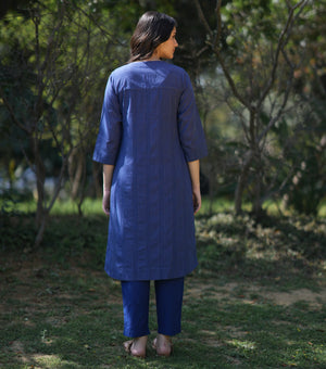 Navy Woven Cotton Kurta with Pants Set of 2