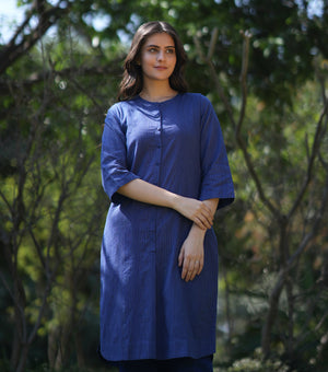 Navy Woven Cotton Kurta with Pants Set of 2