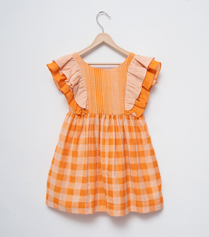 Orange Check Woven Cotton Dress For Girls