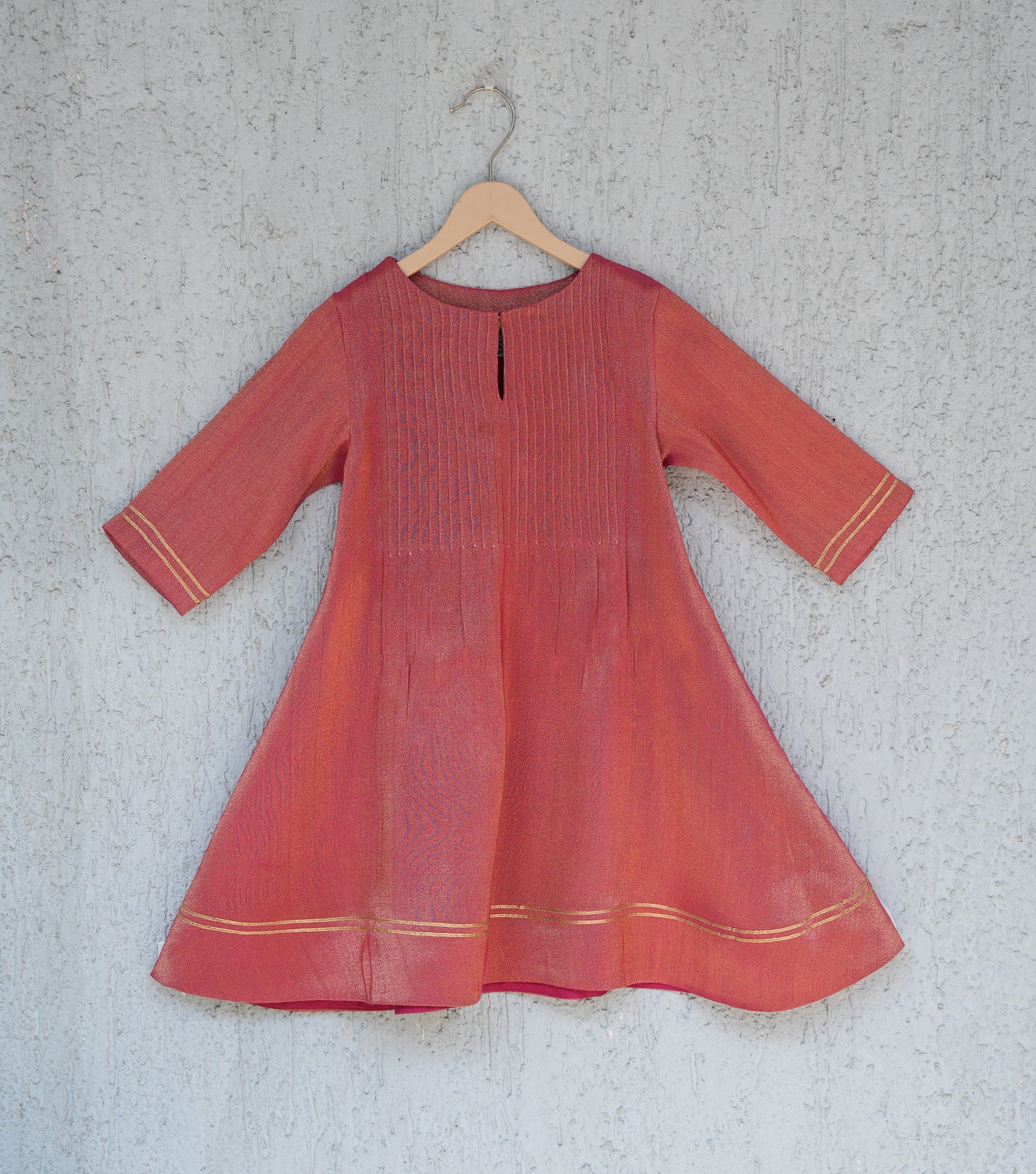 Coral Pleated Tissue A-line Gota Kurta Set with Pants & Dupatta for Girls