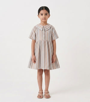 Beige Stripe Woven Cotton Dress for Girls