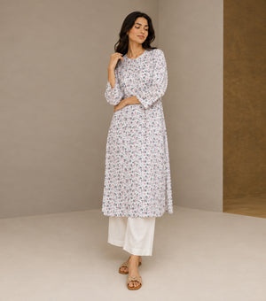White Printed Cotton Kurta