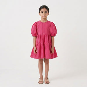 Magenta Woven Cotton Dress For Girls