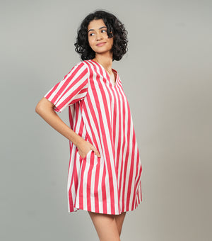 Red & White Striped Cotton Printed Short Dress