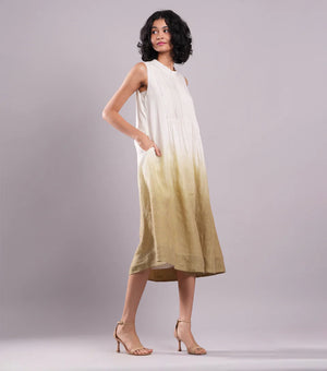 White & Beige Ombre Cotton Linen Pintuck Dress