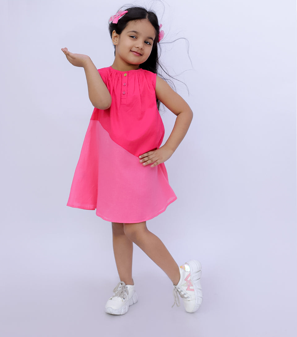 COLOR BLOCK MAGENTA SLEEVELESS DRESS FOR GIRLS