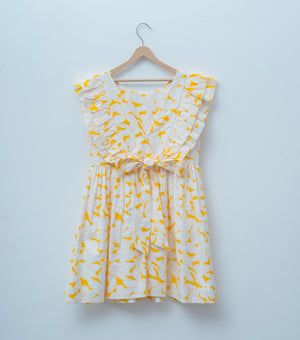 White Yellow Cotton Printed Dress for Girls