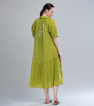 Lime Cotton Piping Detail Midi Dress