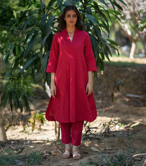 Red Woven Cotton Kurta Set