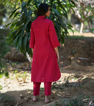 Red Woven Cotton Kurta Set