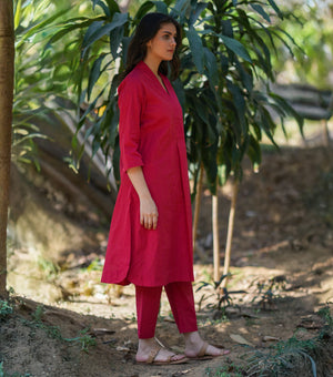 Red Woven Cotton Kurta Set
