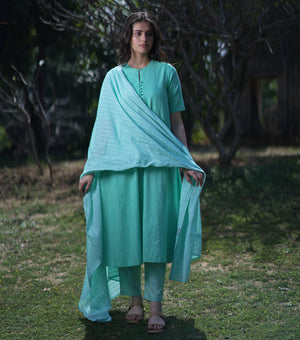 Green Cotton Woven A-line Kurta with Pants & Dupatta Set of 3