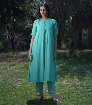 Green Cotton Woven A-line Kurta with Pants & Dupatta Set of 3