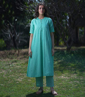 Green Cotton Woven A-line Kurta with Pants & Dupatta Set of 3