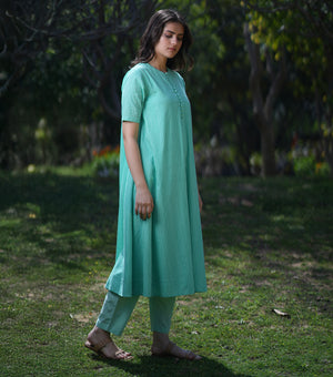 Green Cotton Woven A-line Kurta with Pants & Dupatta Set of 3