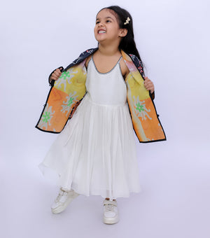 Black Vintage Cotton Kantha Jacket For Kids
