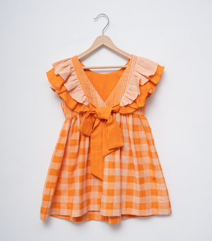 Orange Check Woven Cotton Dress For Girls