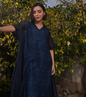 Blue Oversized Overlay Sheer Dress with Printed Slip