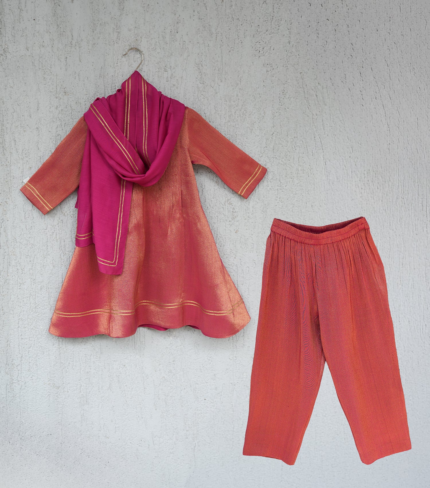 Coral Pleated Tissue A-line Gota Kurta Set with Pants & Dupatta for Girls