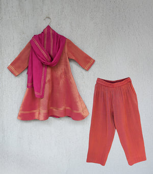Coral Pleated Tissue A-line Gota Kurta Set with Pants & Dupatta for Girls