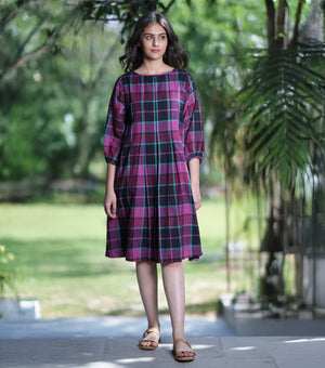 Cotton Woven Plaid Pleated Dress