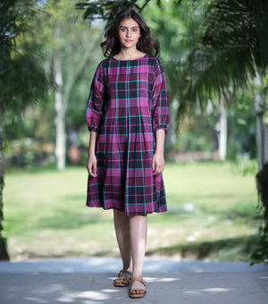 Cotton Woven Plaid Pleated Dress
